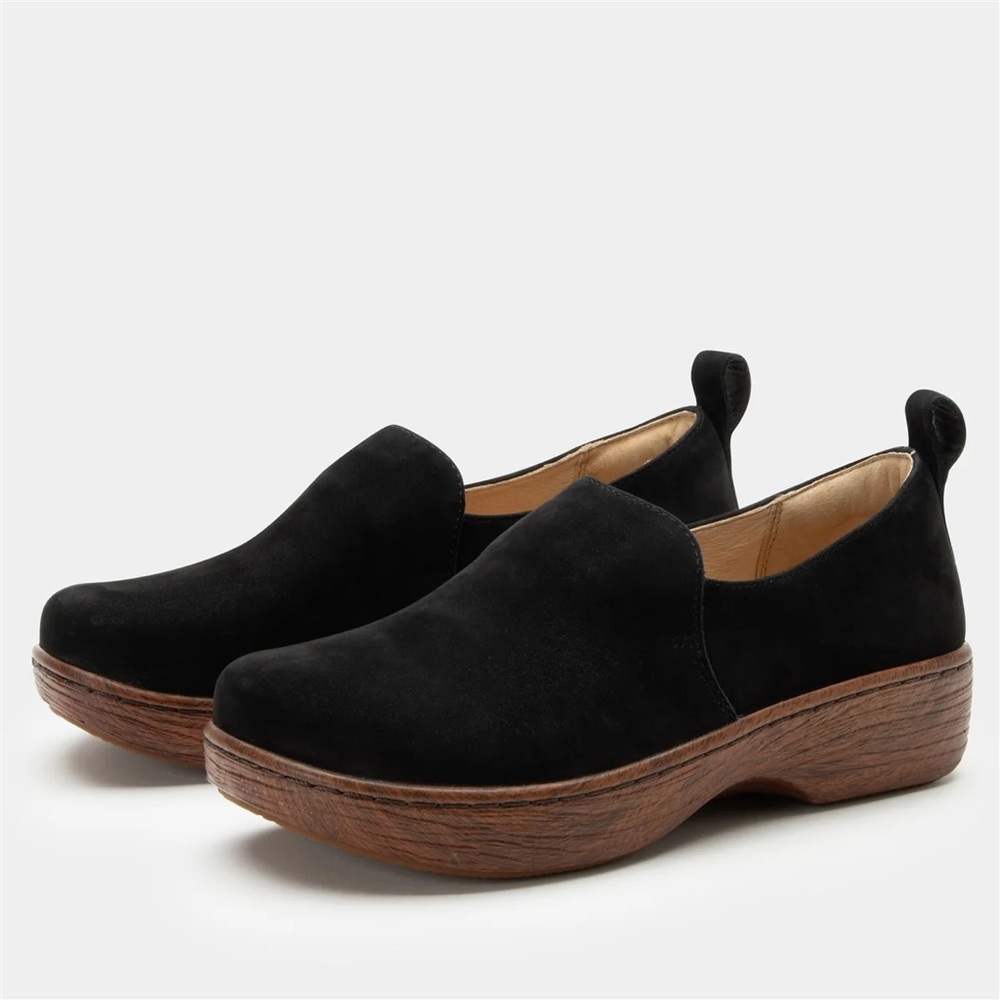 Alegria Women’s Black Suede Mules with Wooden Brown Sole Size 38